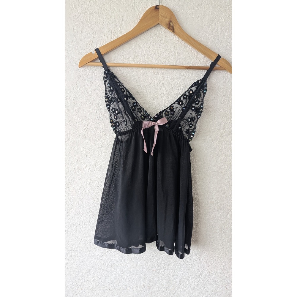 Black Lace‎ Sequin Babydoll Chemise Pink Bow Sheer Mesh Lingerie M